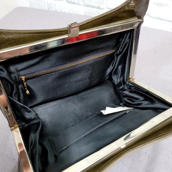 Vintage 60s Lennox Bags Two Tone Green Grey Leather‎ Vinyl Shoulder Bag Purse - Picture 10 of 15